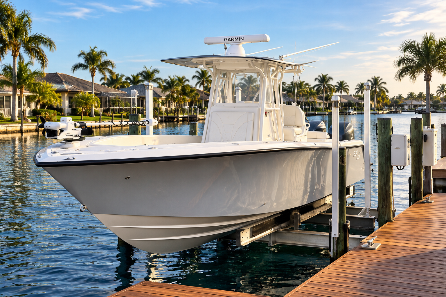 Enhanced promotional image of the Go Figure center-console fishing boat at a Florida canal dock